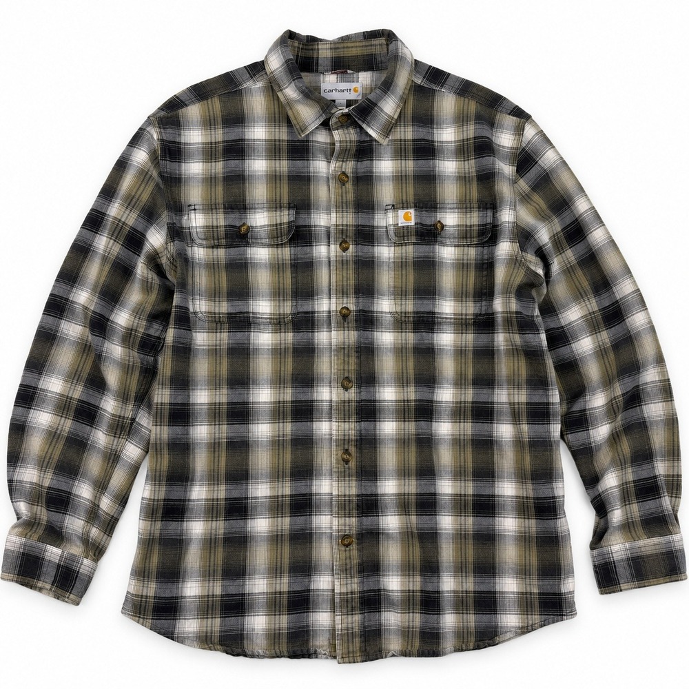 Carhartt Plaid Flannel Shirt Mens Large Green Black Long Sleeve Workwear Cotton